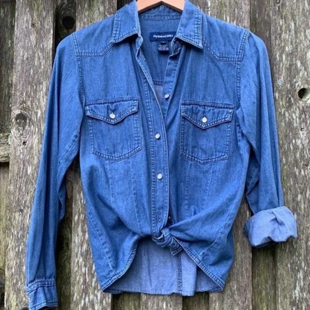 SALE❤️ Vintage MY WEEKEND CLOTHES Denim Chambray Pearl Western Button Down Shirt - Picture 2 of 9